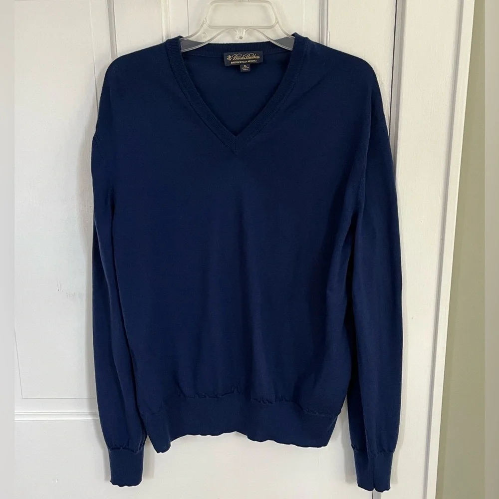 BROOKS BROTHERS 100% Merino Wool V-Neck Sweater Blue Mens XL Preppy Academia
